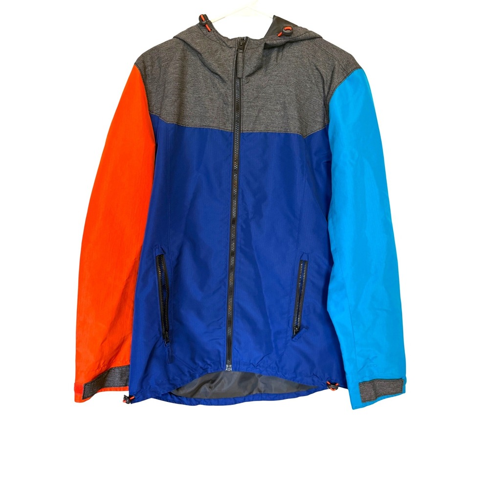 American Eagle Mens Colorblock Windbreaker Hooded Jacket Blue Orange Grey L Gorp